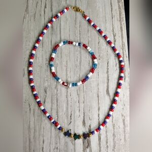 Beaded Necklace and Bracelet Set - Red, Blue, White